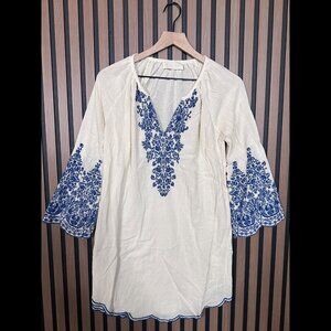 Love Sam Dress OS Womens White Woven Blue Embroidered Popover Tunic